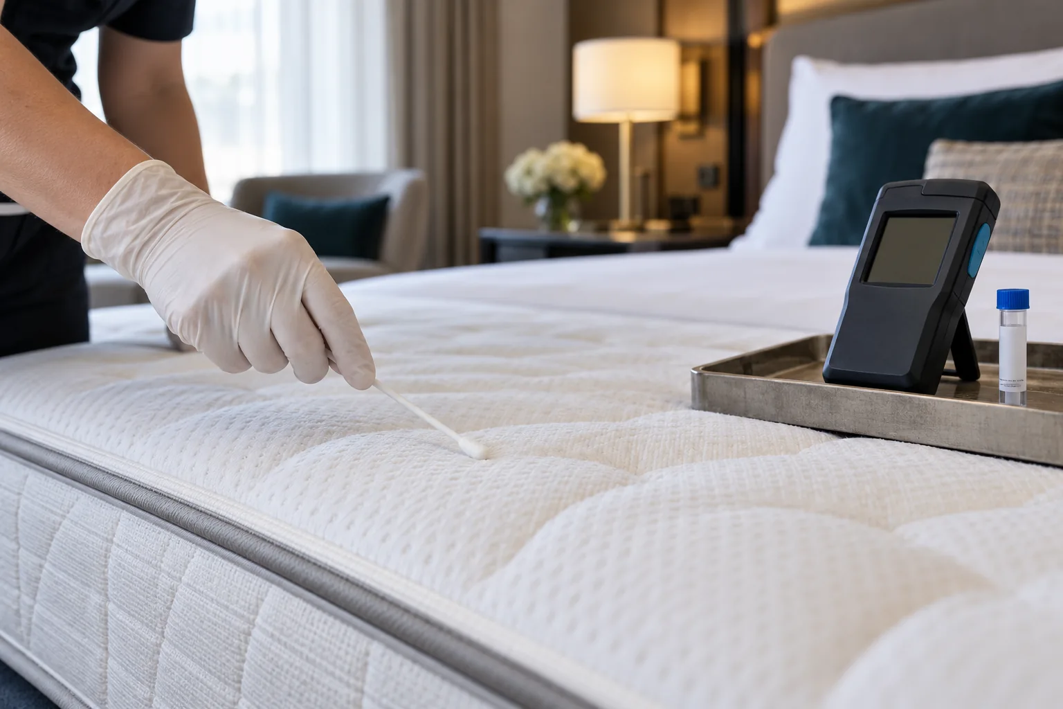Illustration einer ATP-Probenahme an einer Hotelmatratze