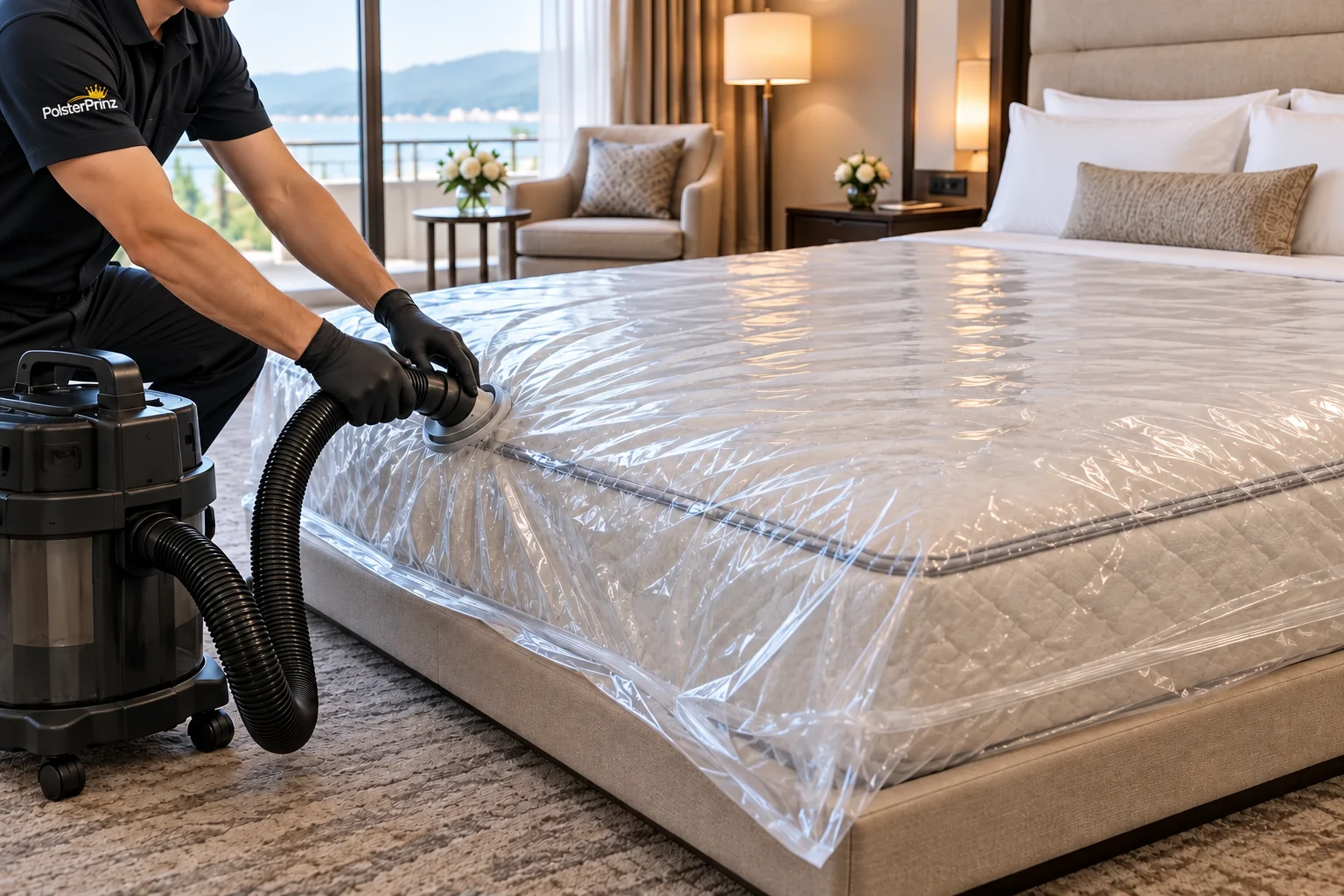 Illustration einer Hotelmatratze im transparenten Vakuumbeutel mit Absaugschlauch