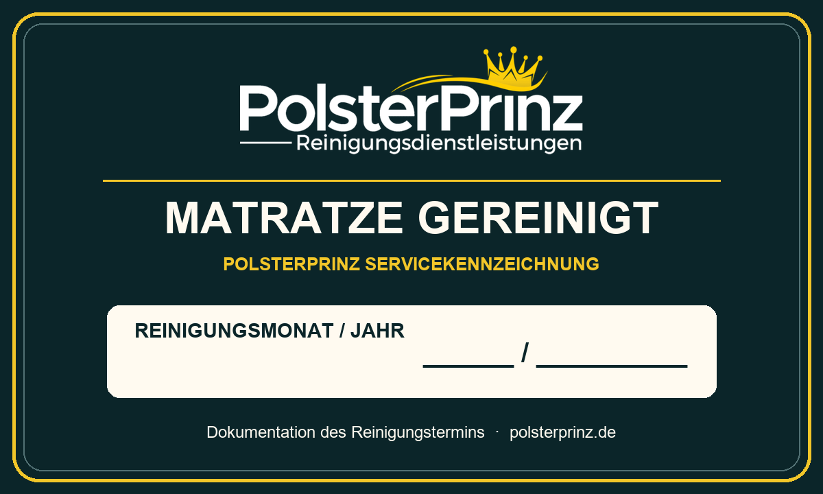 PolsterPrinz-Serviceplakette mit Feld für Reinigungsmonat und Jahr